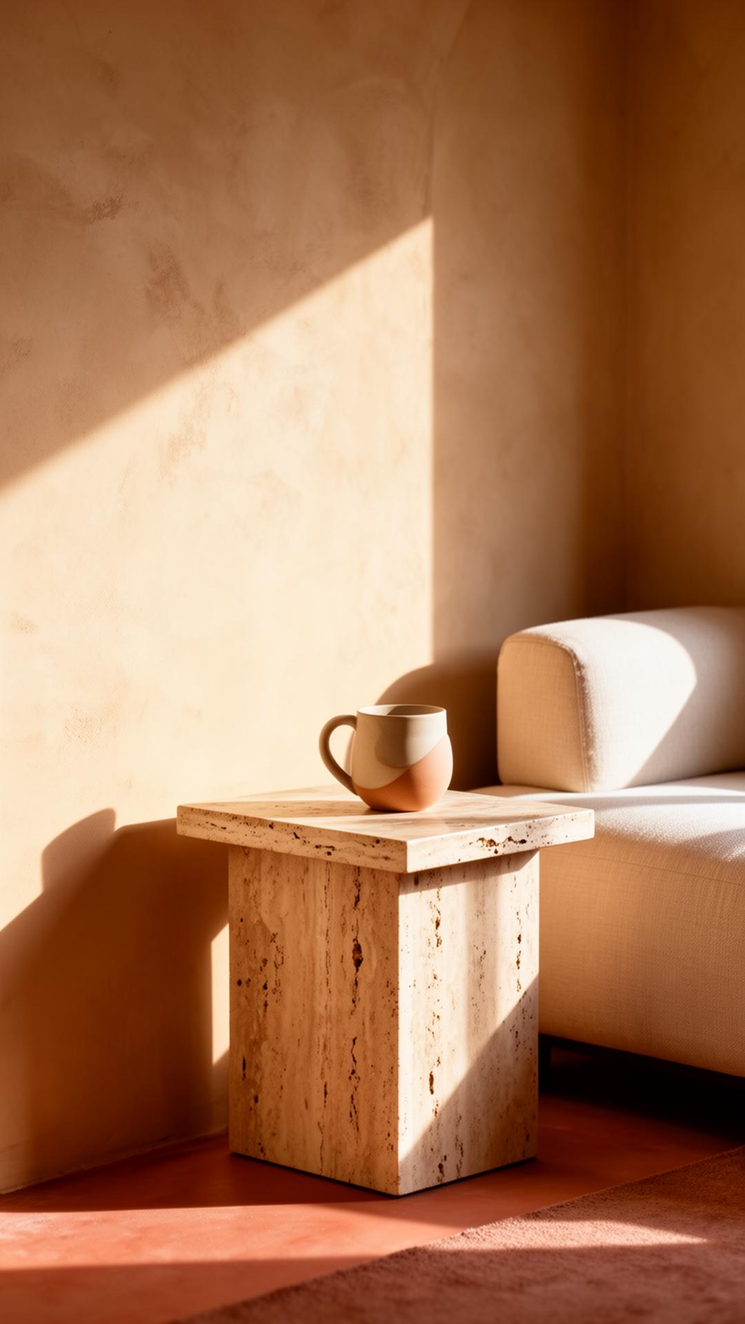 A sunlit interior with a sculptural ceramic mug on a travertine table