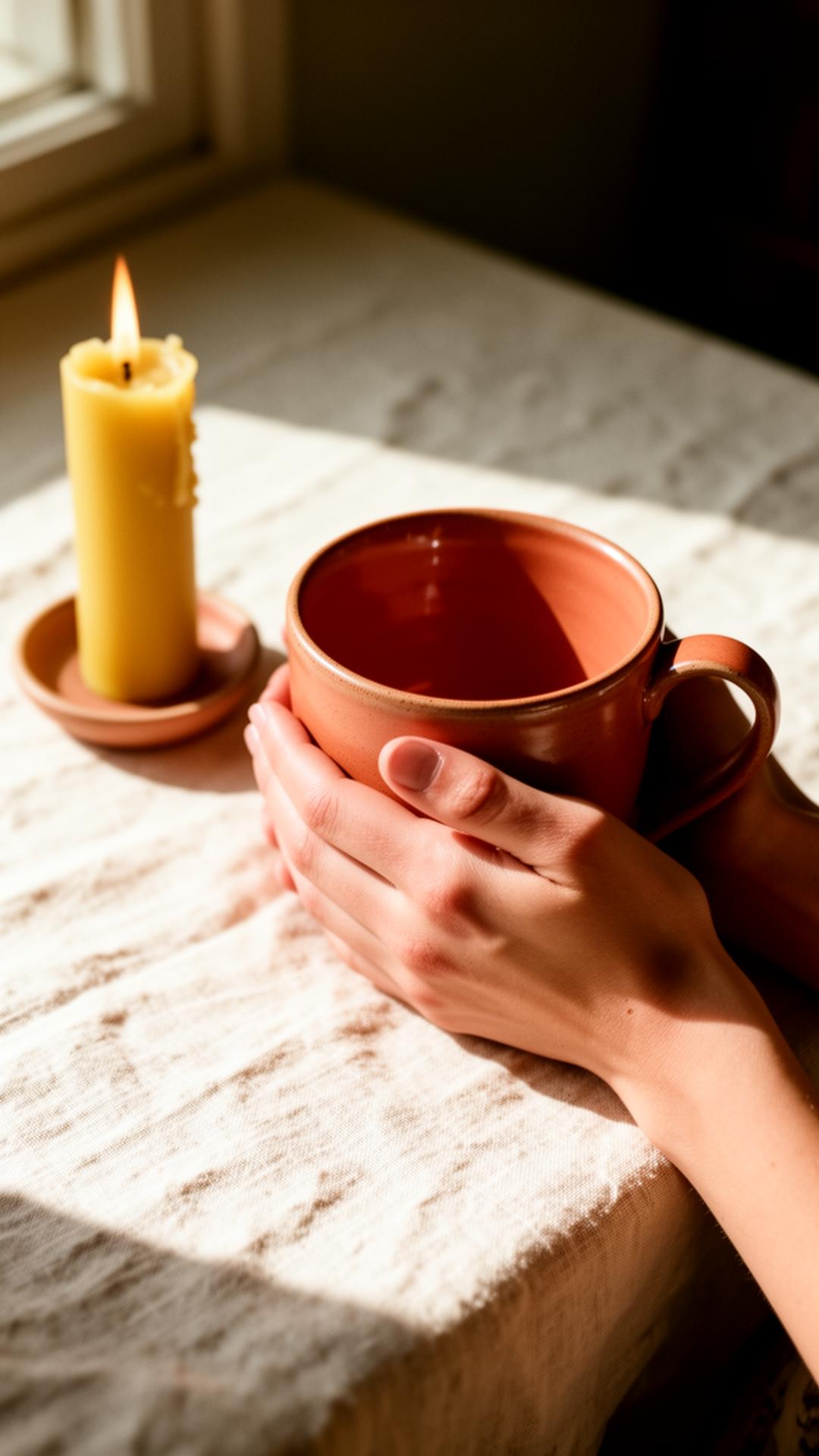 Hands holding a terracotta mug beside a beeswax candle in soft window light